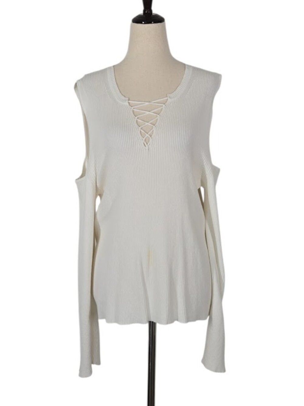 525 AMERICA Women’s XL White Ribbed Knit Cold Shoulder Lace-Up Sweater GUC
